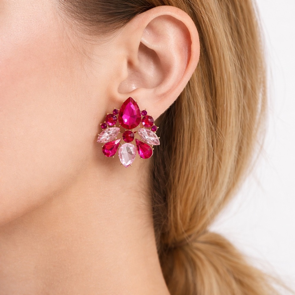 Pink Crystal Cluster Earrings Gold Tone Teardrop Statement - Picture 13 of 13